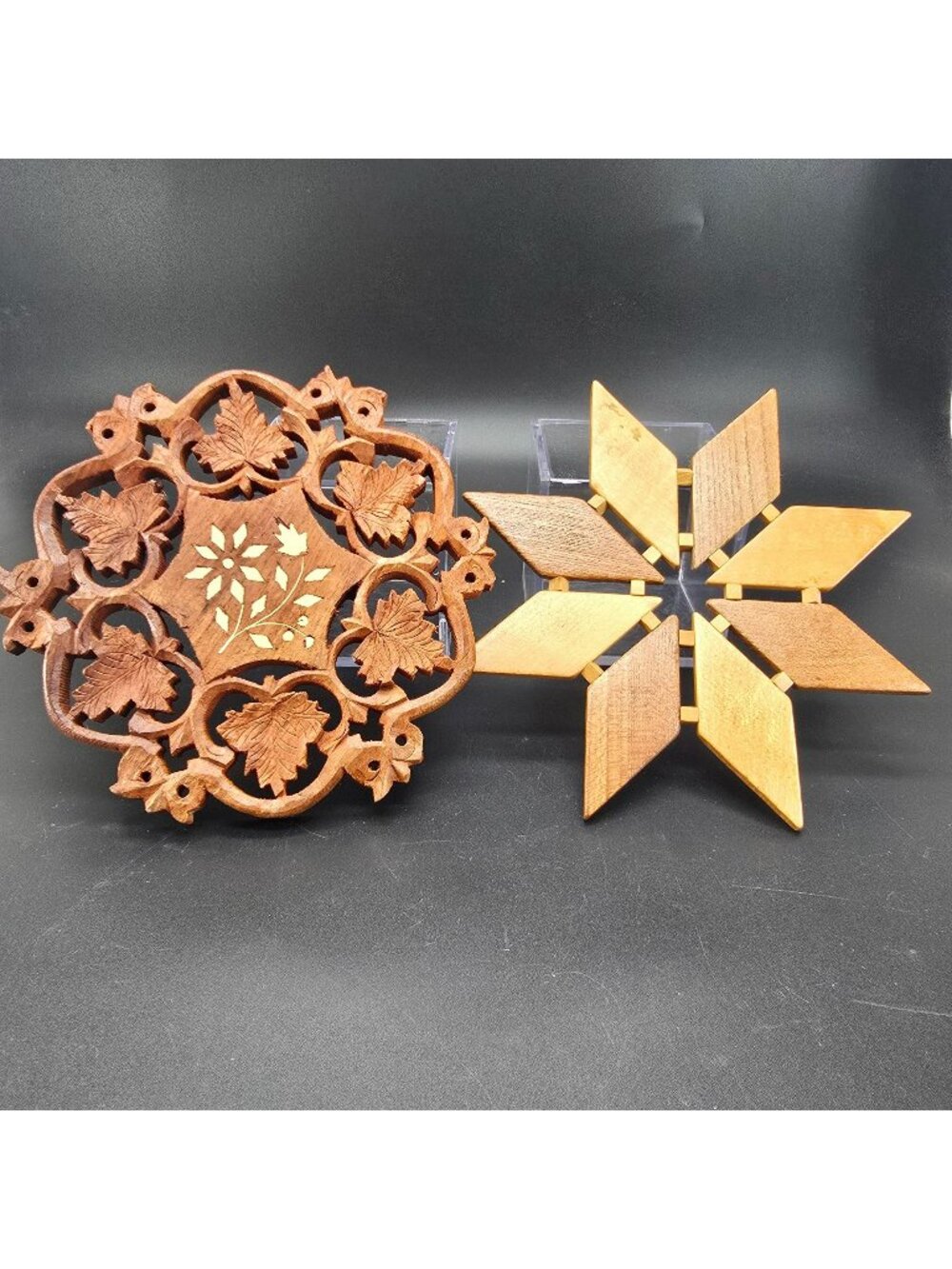 Handcrafted Wooden Trivets With Intricate Leaf & Star Designs - Set Of 2 JJ3841